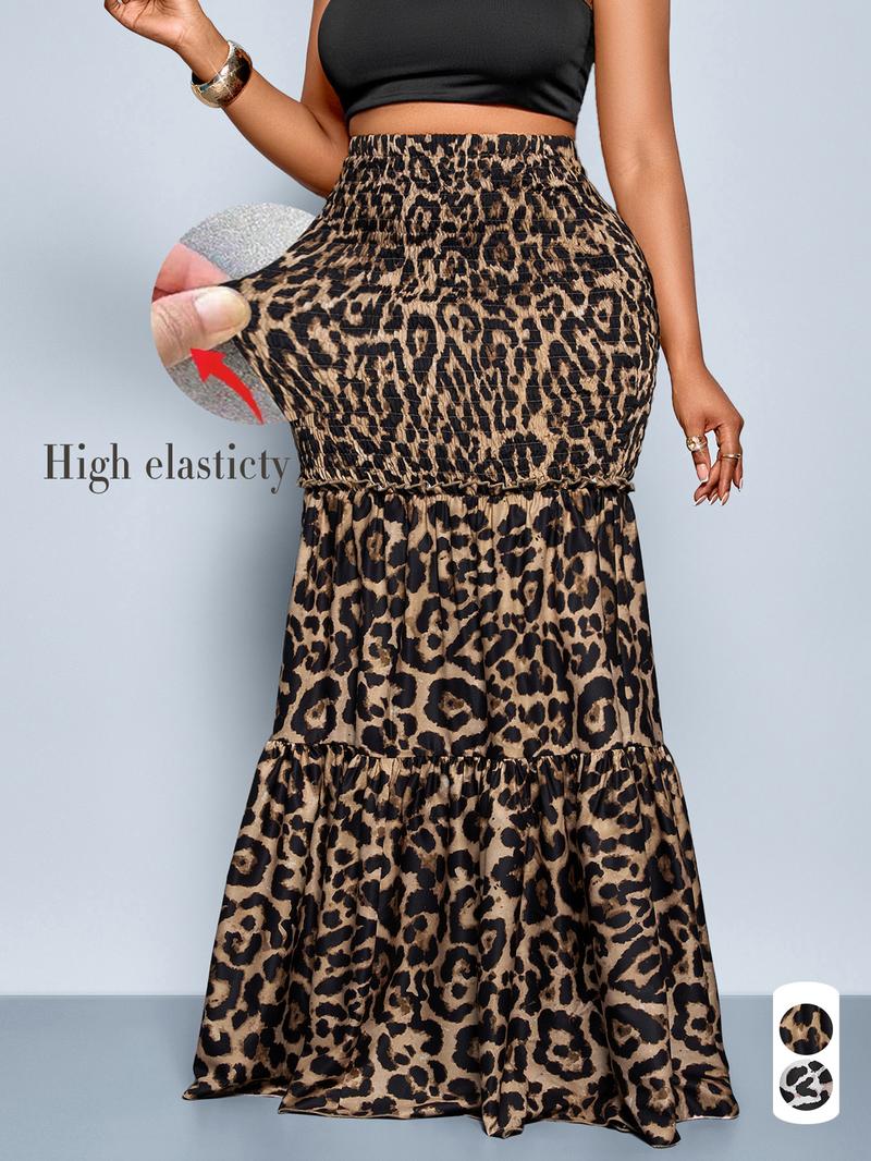 Plus Size Christmas Women's Clothing Elegant Leopard Print High Waist Long Skirt, Plus Size Women's Fall Fashion, Fitted Woven Fabric, Modest Style