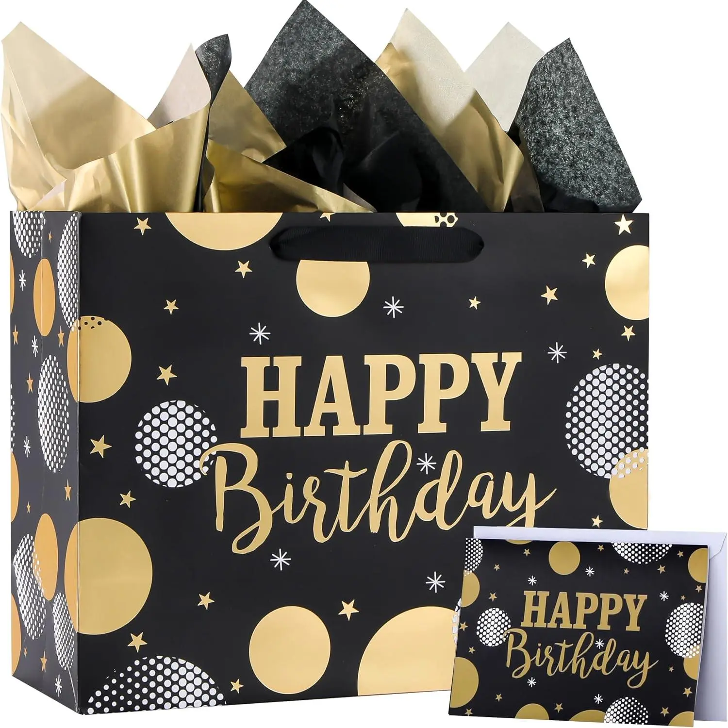 Large Birthday  Bag Set, Black with  Foil Design, 13x10.2x5.1 Inches, Includes Tissue Paper,Card and Envelope,   Packaging for Men