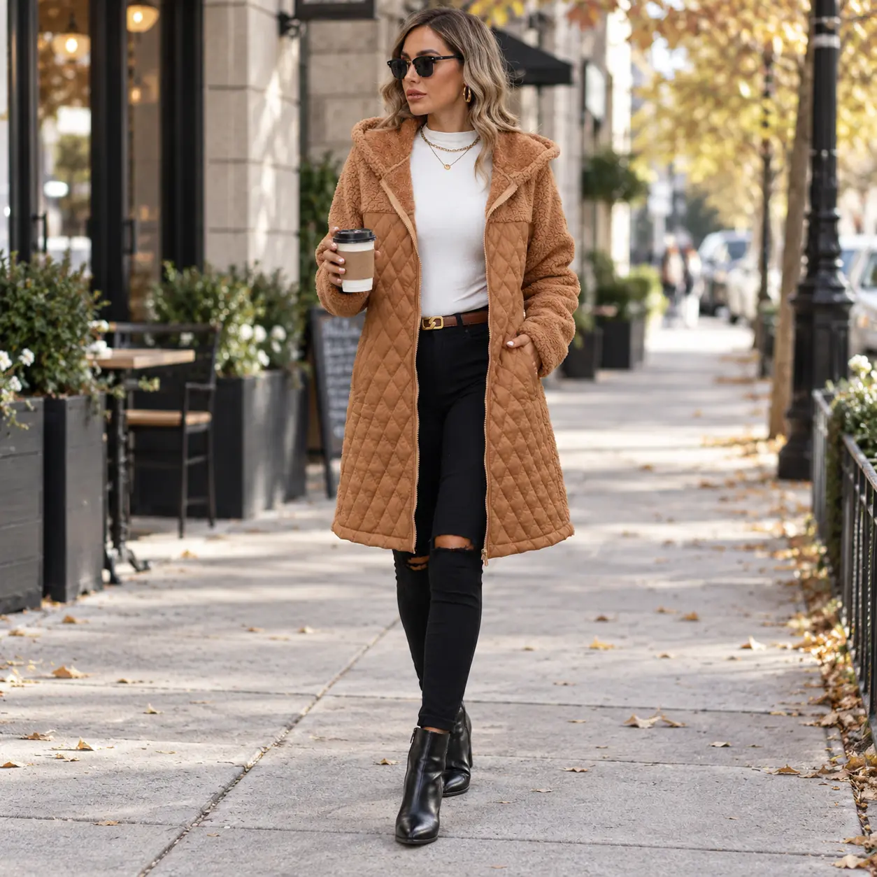 Women's Hooded Quilted Patchwork Outerwear - Long-Sleeve Zip-Up Mid-Length Soft Fit Fall Winter Warm Zipper Jacket