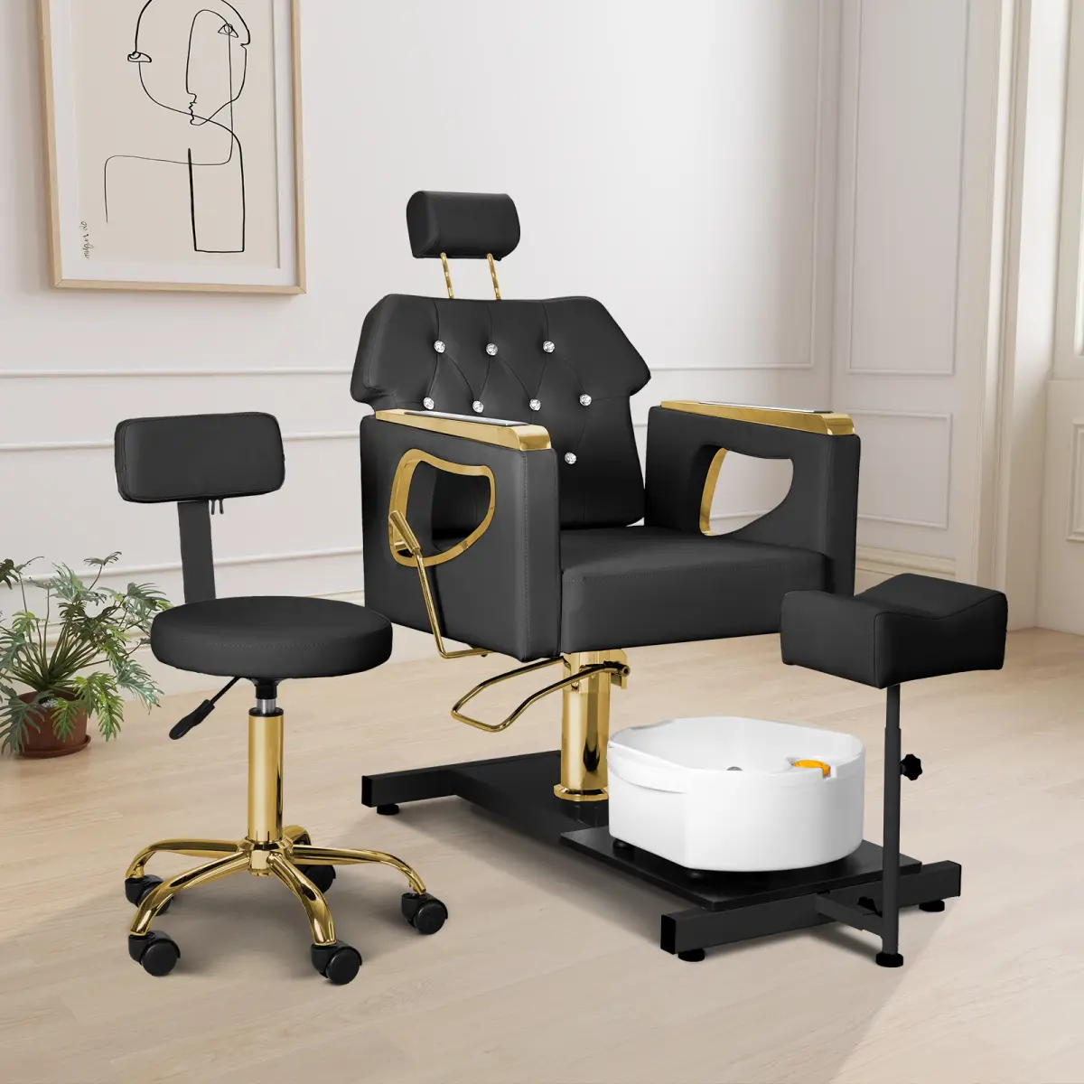 Aobtkel Commercial Salon No-Plumbing Reclining Pedicure Chair with Metal Frame, Adjustable Height, Adjustable Seat, 360-Degree Swivel, Hydraulic Footrest, Massage Foot Bath, Gold Furniture