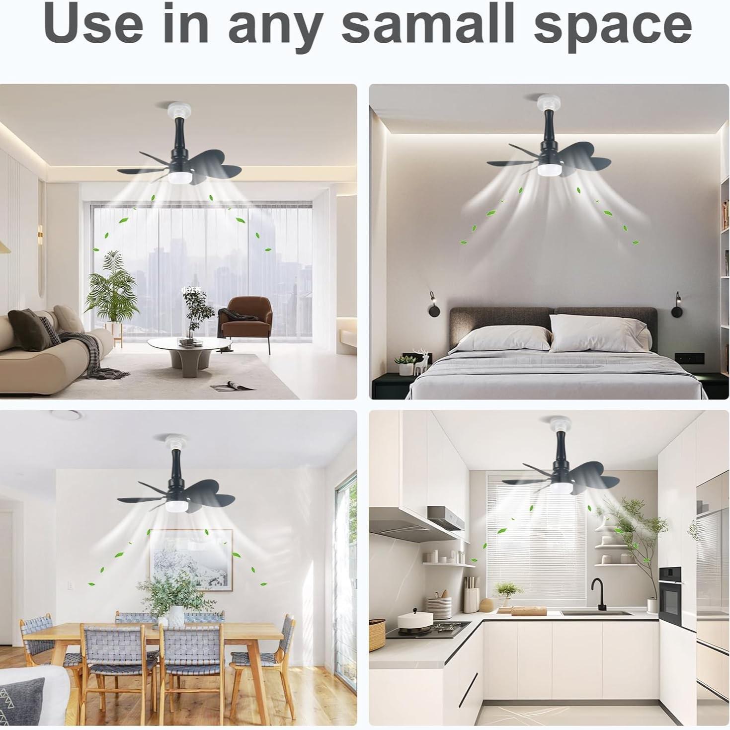 Portable Small Ceiling Fan Lamp with Remote Control, Adjustable Light Bulb, Suitable for Bedroom Kitchen Living Room, 20 Inch Screw Type