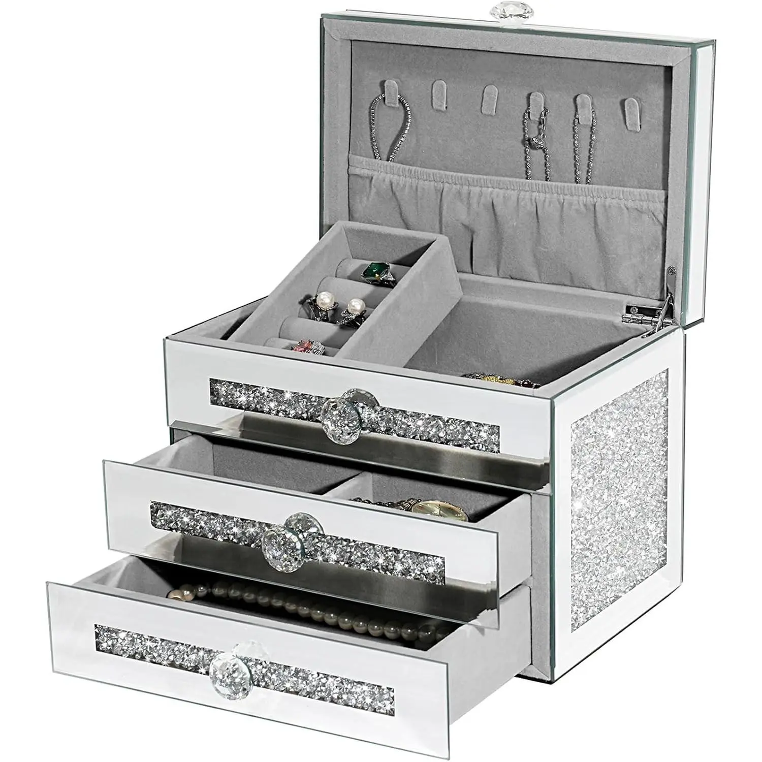 Mirrored Jewelry Box, 3-Layer Glass Jewelry Organizer with Lid & 2 Drawers, Silver Crushed Diamond Home Decor, Fancy Gift for Her (9.3" L x 6.3" W x 7.1" H)