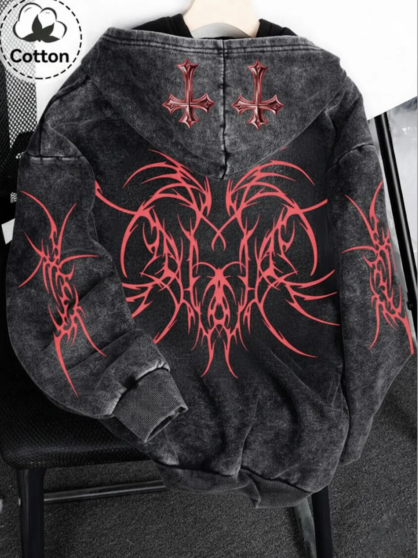 Y2K Rock Wash Full Zip Hoodie, Gothic Cross and Tribal Thorn
