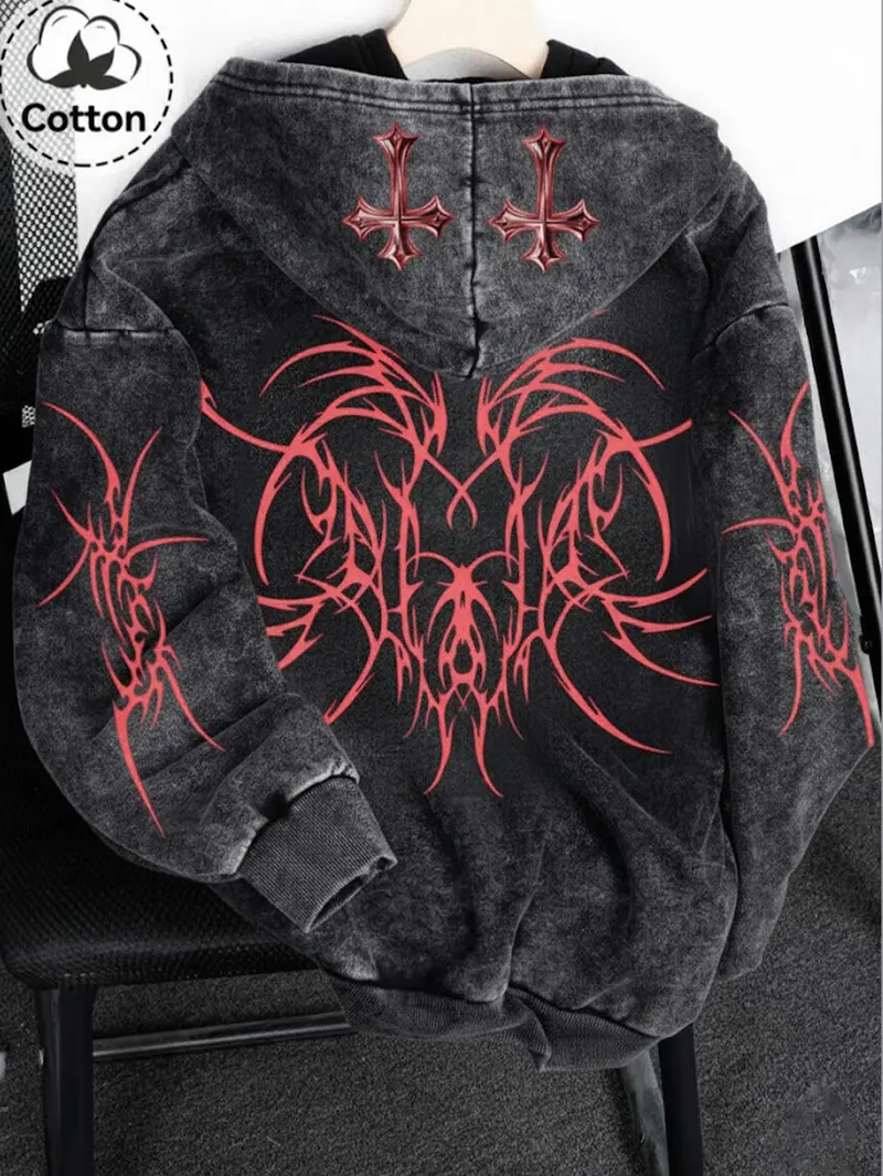 Y2K Rock Wash Full Zip, Gothic Cross and Tribal Thorn Pattern