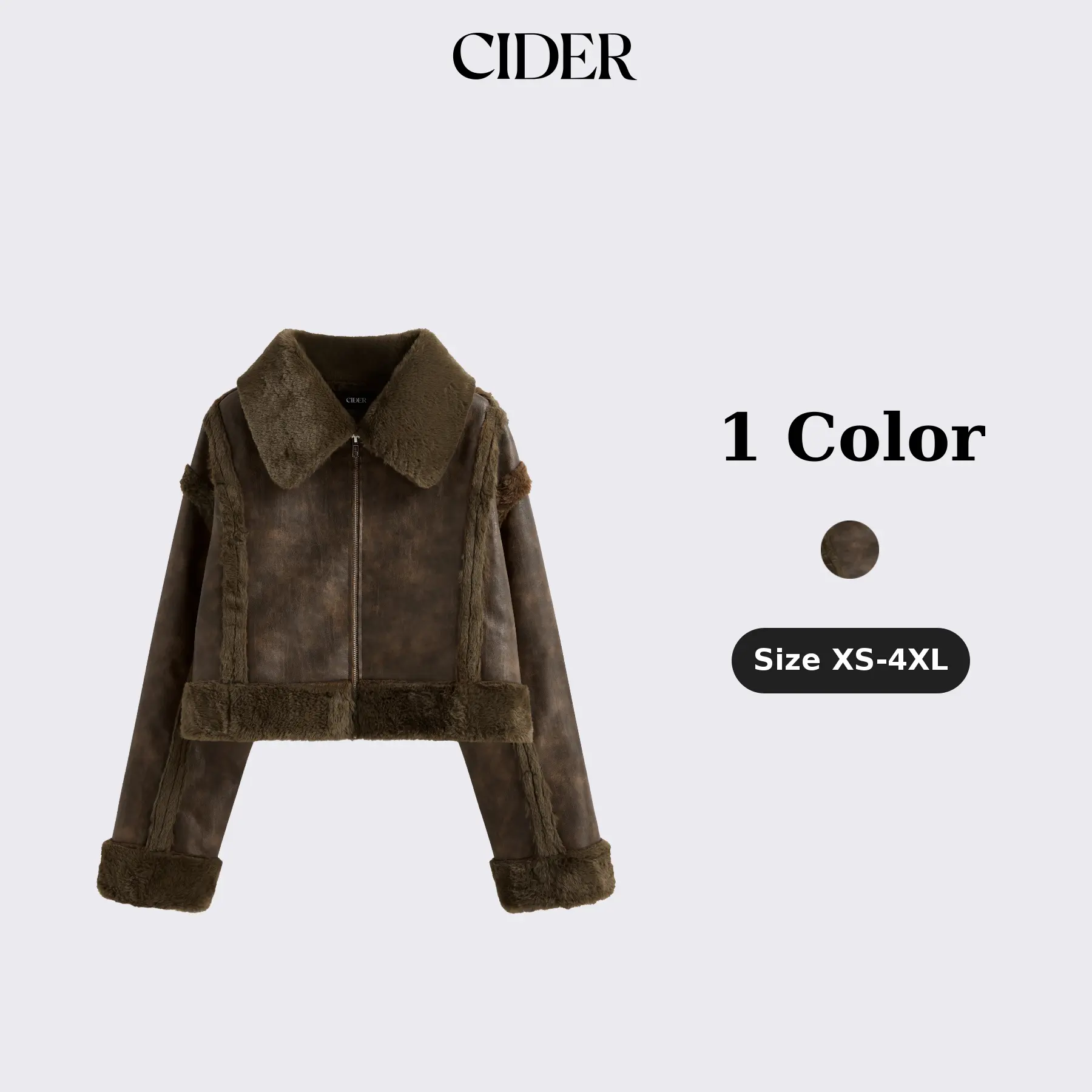 Cider Faux Shearling Collar Solid Zipper Jacket