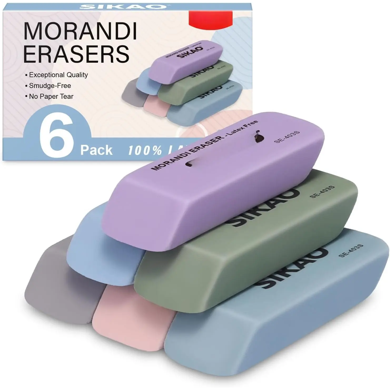 Morandi Erasers, 6 Pack Pencil Erasers | Aesthetic Pastel Beveled Rubber Erasers, Latex-Free & Smudge-Free for School Supplies, Classroom & Daily Writing