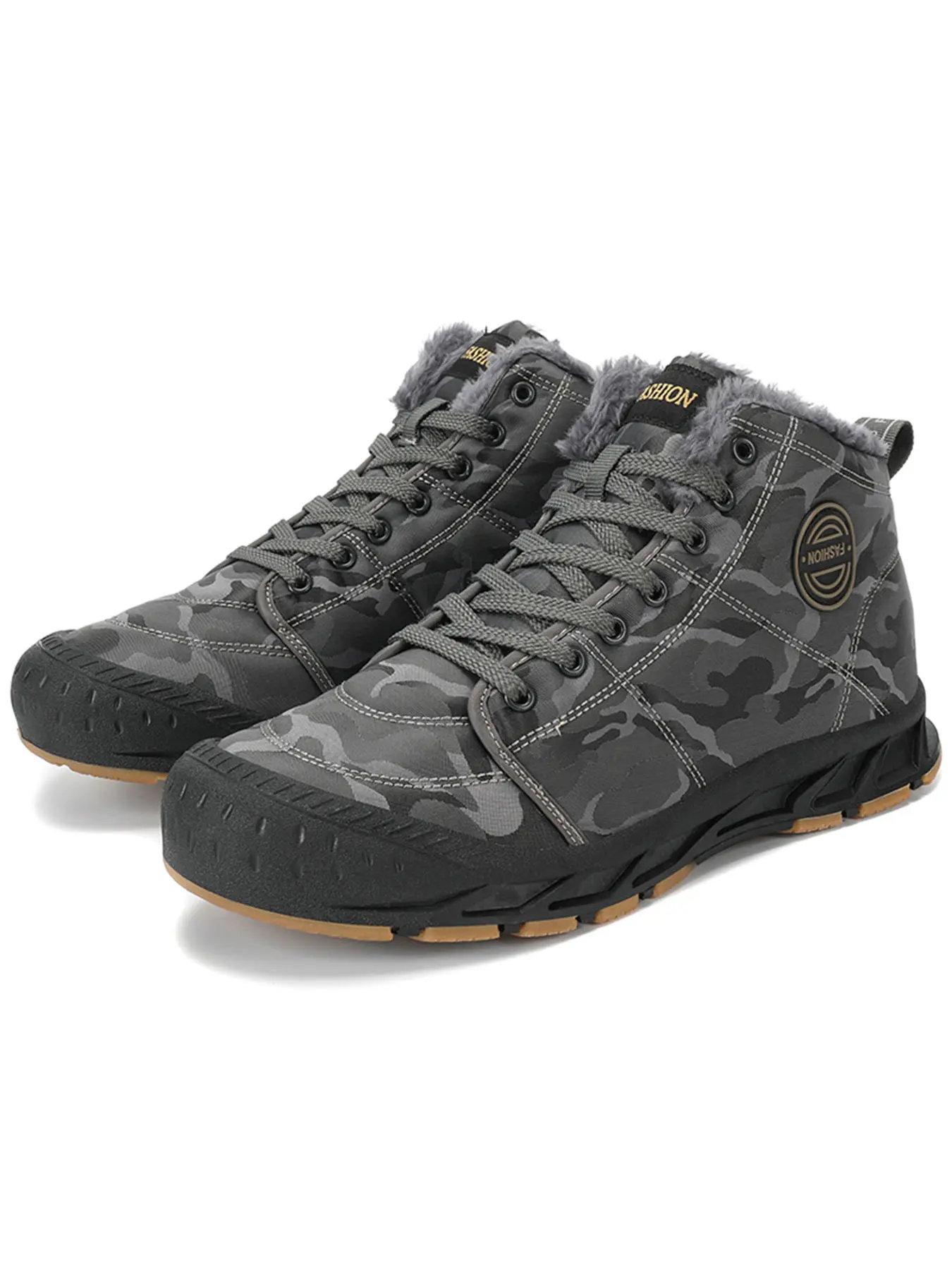 Men's Camo High Top Fleece Lined Barefoot Snow Boots, Wide Toe Box, Toe Protection Waterproof Non-Slip Winter Hiking Boots