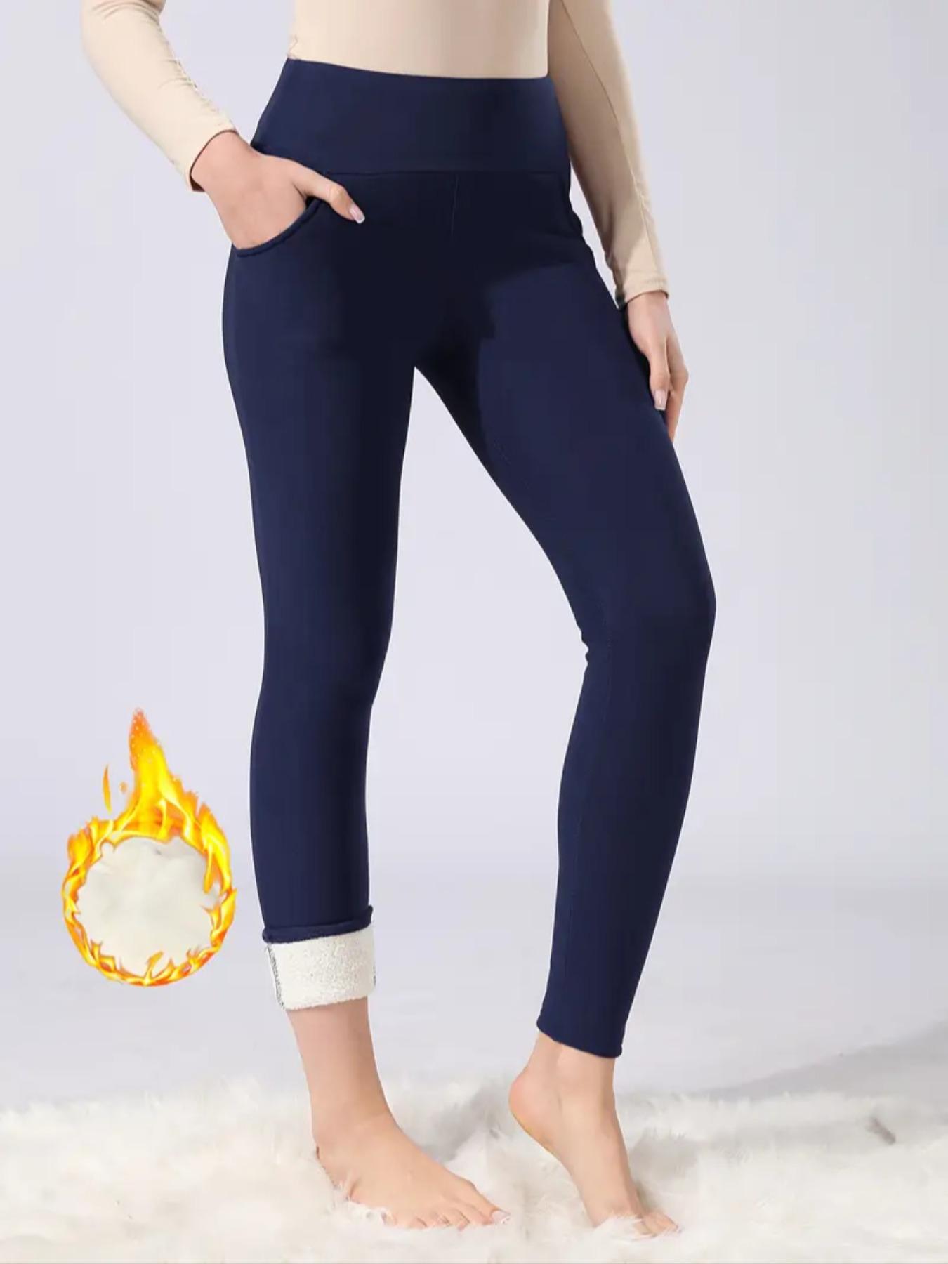 Women's Fall Winter High Waist Fleece Lined Leggings, Skinny Yoga Bottoms, Sporty Tight-Fitting Yoga Pants with Pockets, Warm Thick Woven Fabric