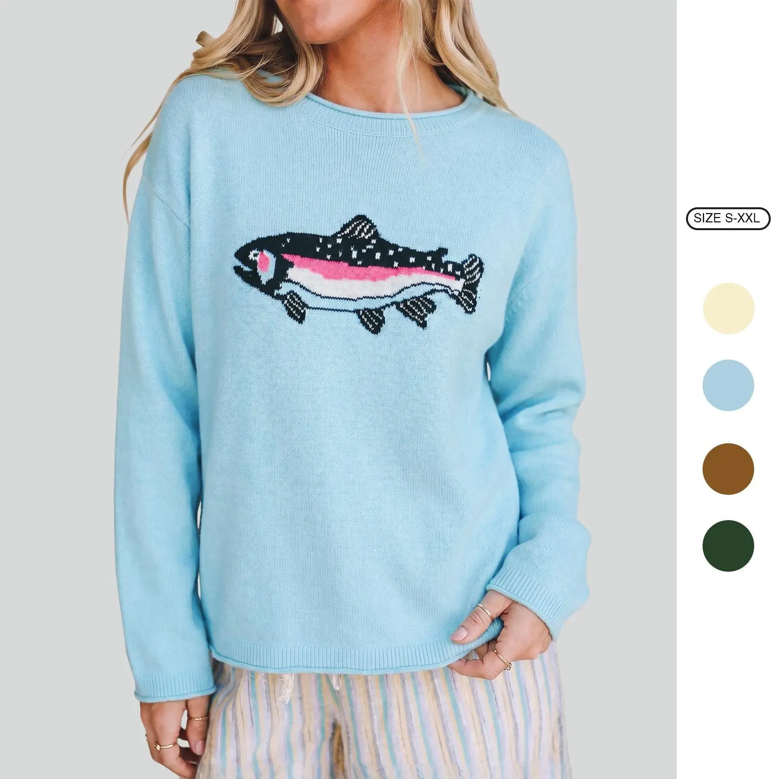 Imily Bela Women Oversized Crew Neck Knit Sweater Cute Rainbow Trout Fish Graphic Soft Long Sleeve Pullover Casual Light Blue Knitted Jumper Top Imily Bela Women Oversized Crew Neck Knit Sweater Cute Rainbow Trout Fish Graphic Soft Long Sleeve Pullover Casual Light Blue Knitted Jumper Top