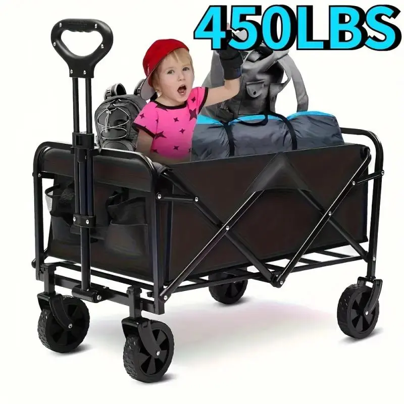 Heavy-Duty 450LBS Foldable Multi-Purpose Handcart with 4 Lockable Handle Positions, Metal Frame, Fabric Accents, Rubber Wheels for Beaches, Gardens