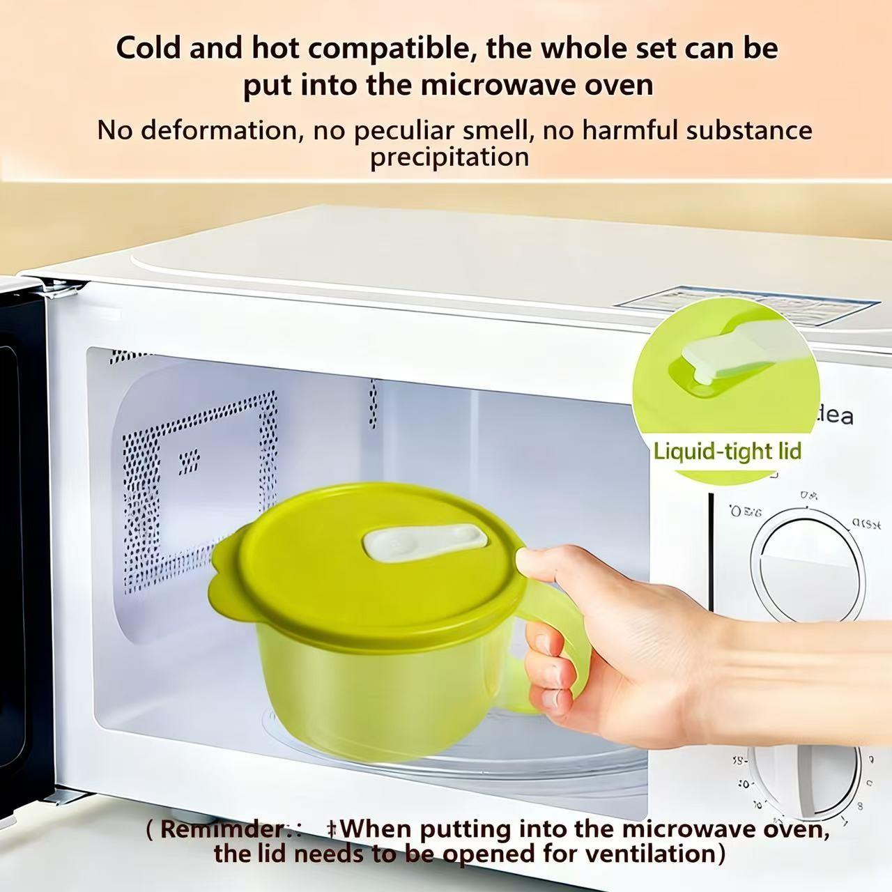 Three-Piece Lunch Box Set, Bento Box with Dividers, Microwave Safe Bowl with Heat-Resistant Handle, Easy to Clean, Ideal for Work and School