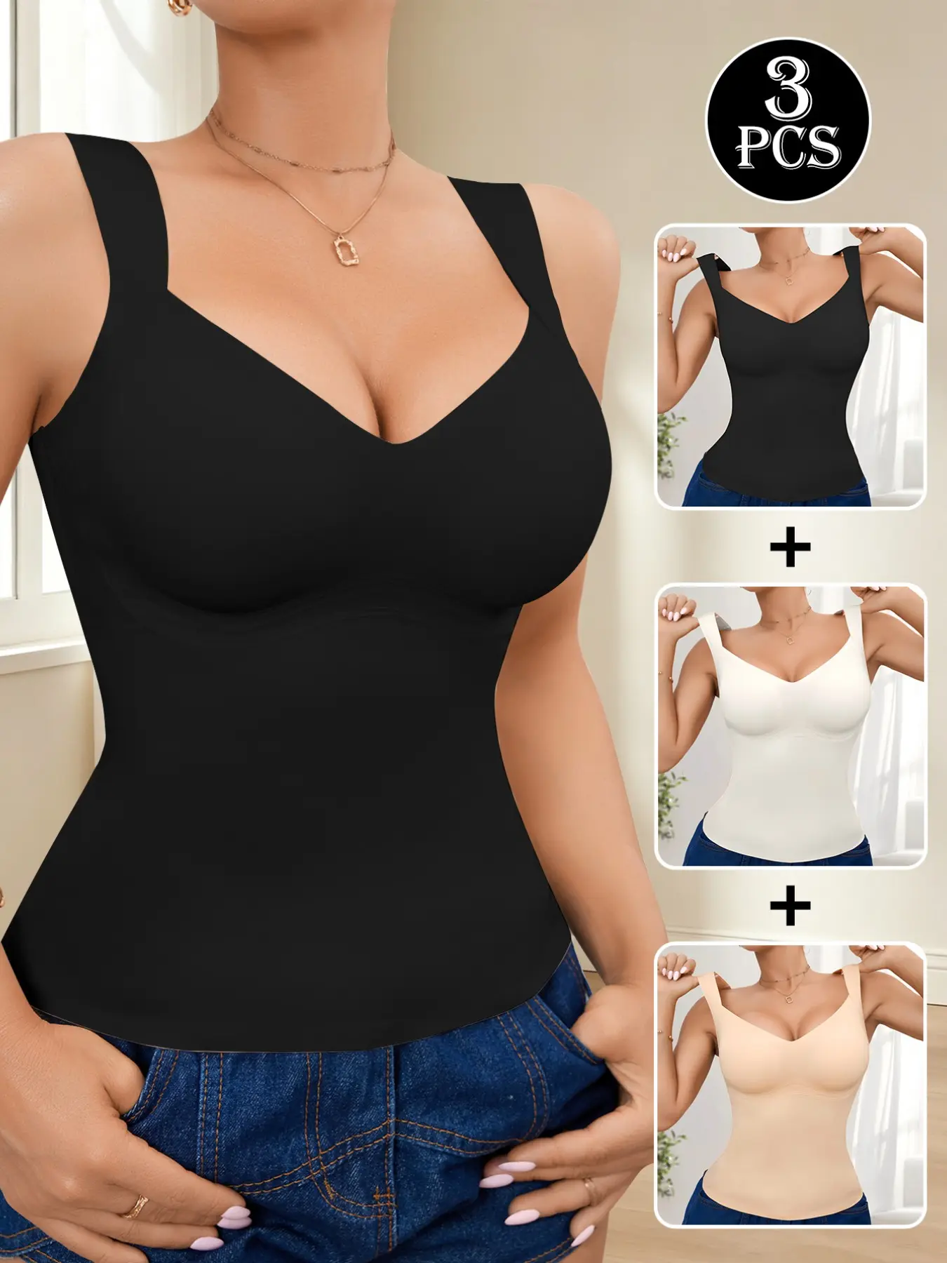 3/4/6 Pack Women Molded Cup Seamless Tank Top, U Shape Wide Strap Back Support Posture Vest, Gentle Tummy Control Everyday Layering Undergarment All Season Wear