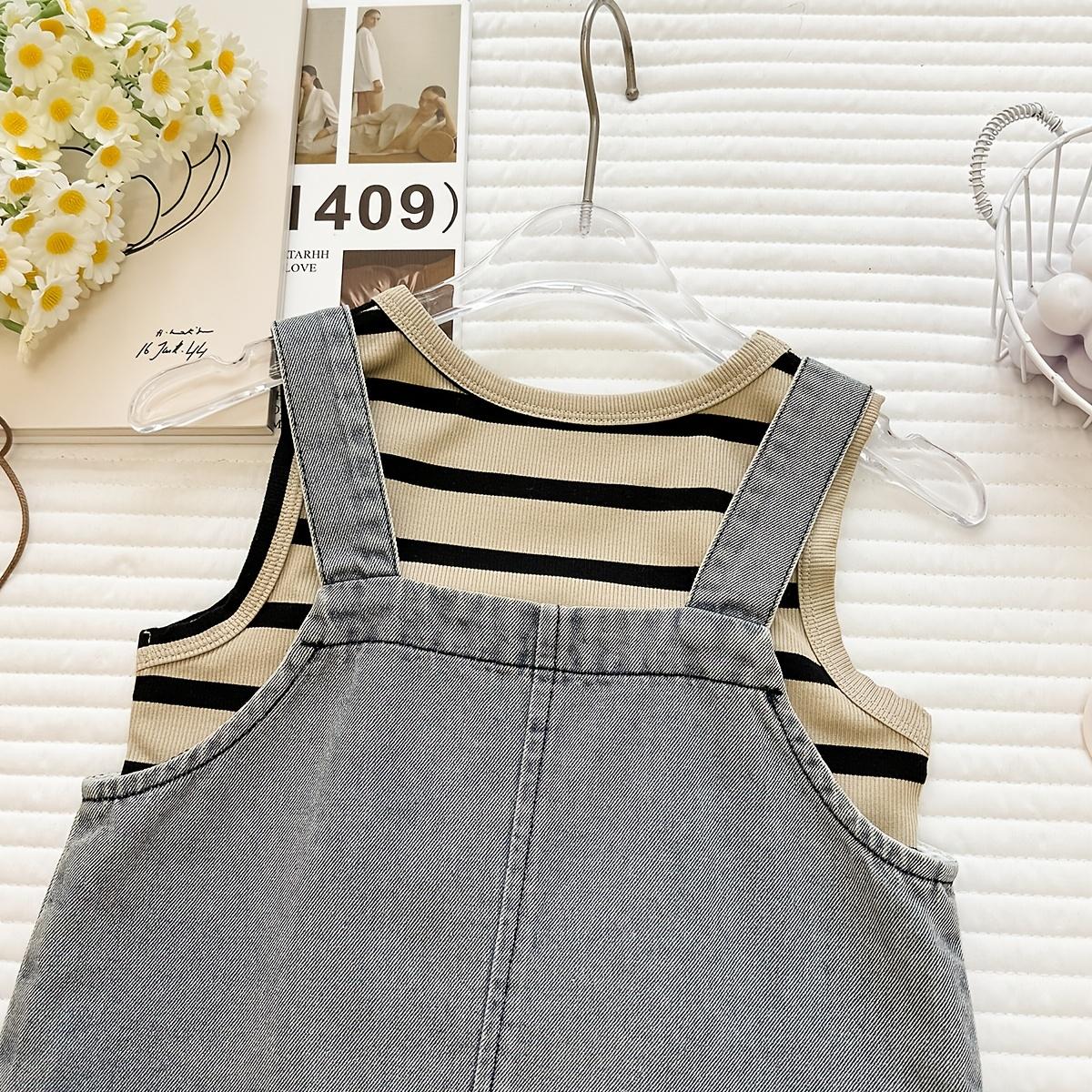 Girls' 2026 Summer New Korean Style Casual Polyester Mix Thin Stripe Print 2-Piece Set - Versatile Striped Vest, Denim Front Pinafore Dress