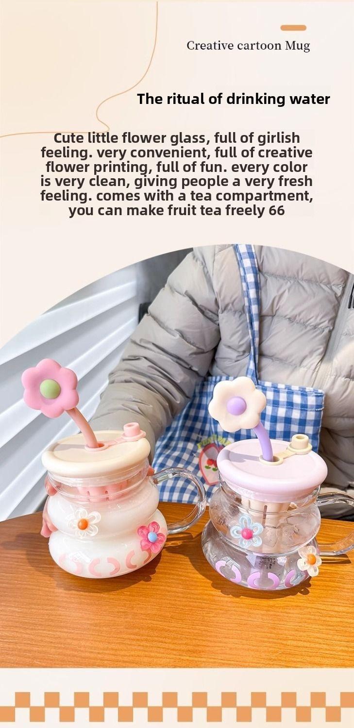 Cute Flower Glass Mug Cup with Flower Straw, Supports Straw Drinking and Direct Drinking, Meets Different Drinking Needs, Perfect for Everyday Use, Drinkware