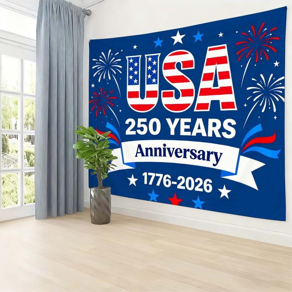 1PC USA 250 Years Anniversary Tapestry Wall Decoration Fabric for Independence Day Celebration Living Room and Bedroom Atmosphere Enhancement Fireworks Pattern for Daily Gatherings and Festive Home Decor