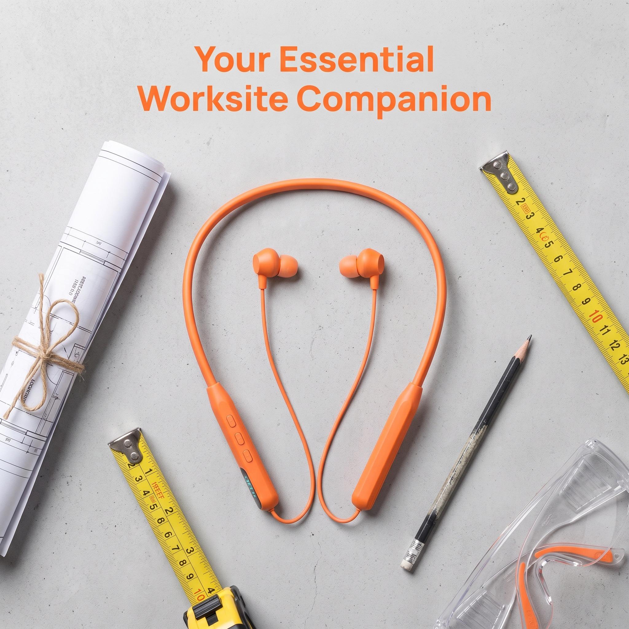 Bright Orange Hi Vis Neckband Bluetooth Earbuds, LED Digital Power Screen, IPX5 Sweat Resistant, 48H Long Playtime, Built-in Microphone for Hands-Free Calls, Dual Device Pairing, Touch Control Headphones for Warehouse Workers & Outdoor Work