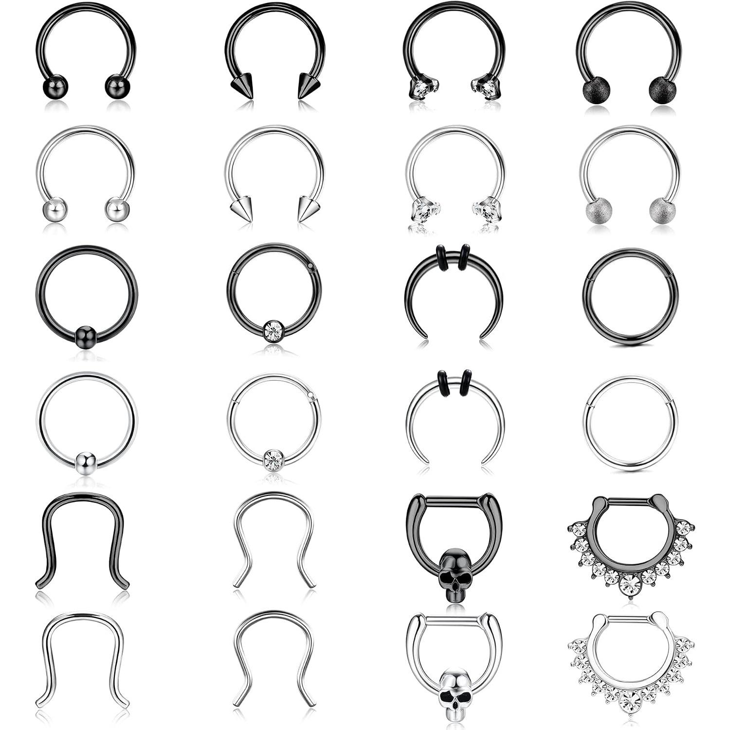 24PCS 16G Hypoallergenic Surgical Steel Septum Clicker Hoops Bundle Unisex, 8mm & 10mm CZ Inlaid Horseshoe Multi-Wear Piercing Jewelry, Nose Rings Set Lip Helix Daith Cartilage Rings