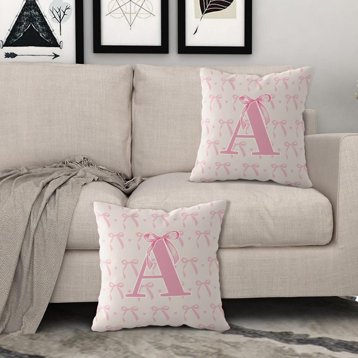Pink Romantic Ballet Bow Full Alphabet Initial Throw Pillow with Insert, Coquette Aesthetic Decorative Pillow for Sofa, Bay Window, Patio, Cafe, All Season Use, Back Support Cushion, Ideal Housewarming Birthday Christmas Gift