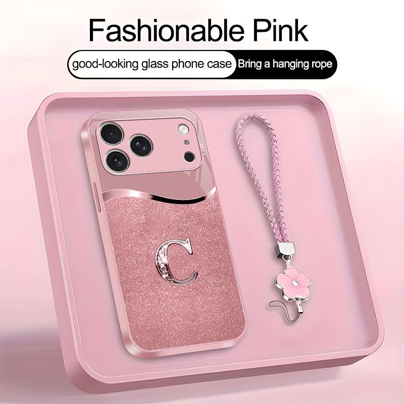 Luxury Pink Phone Case with Lanyard Initial Letter A-Z Cover for iPhone 17 Pro --975
