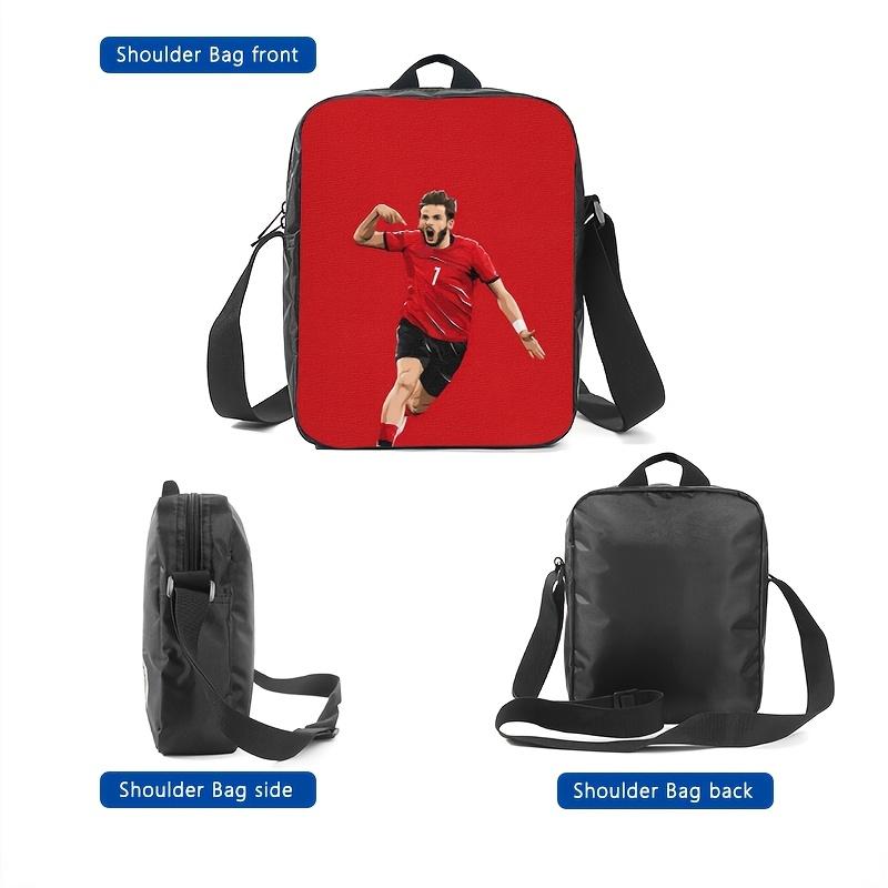 Unisex Football Theme 3-Piece Backpack Set - Durable Waterproof Scratchproof School Bag with Lunch Box, Pencil Case, Zipper Closure, Breathable Padded Straps, Fits 15in Laptop (No.1 Jersey Player Image on Solid Red Background)