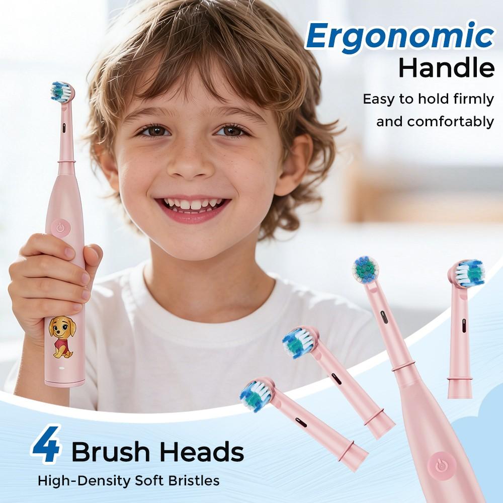 Rotating Childrens Electric Toothbrush, Rechargeable Toothbrush, 5 Speed Settings, Cartoon Kids Teeth Cleaning Brush with 4 Replacement Heads