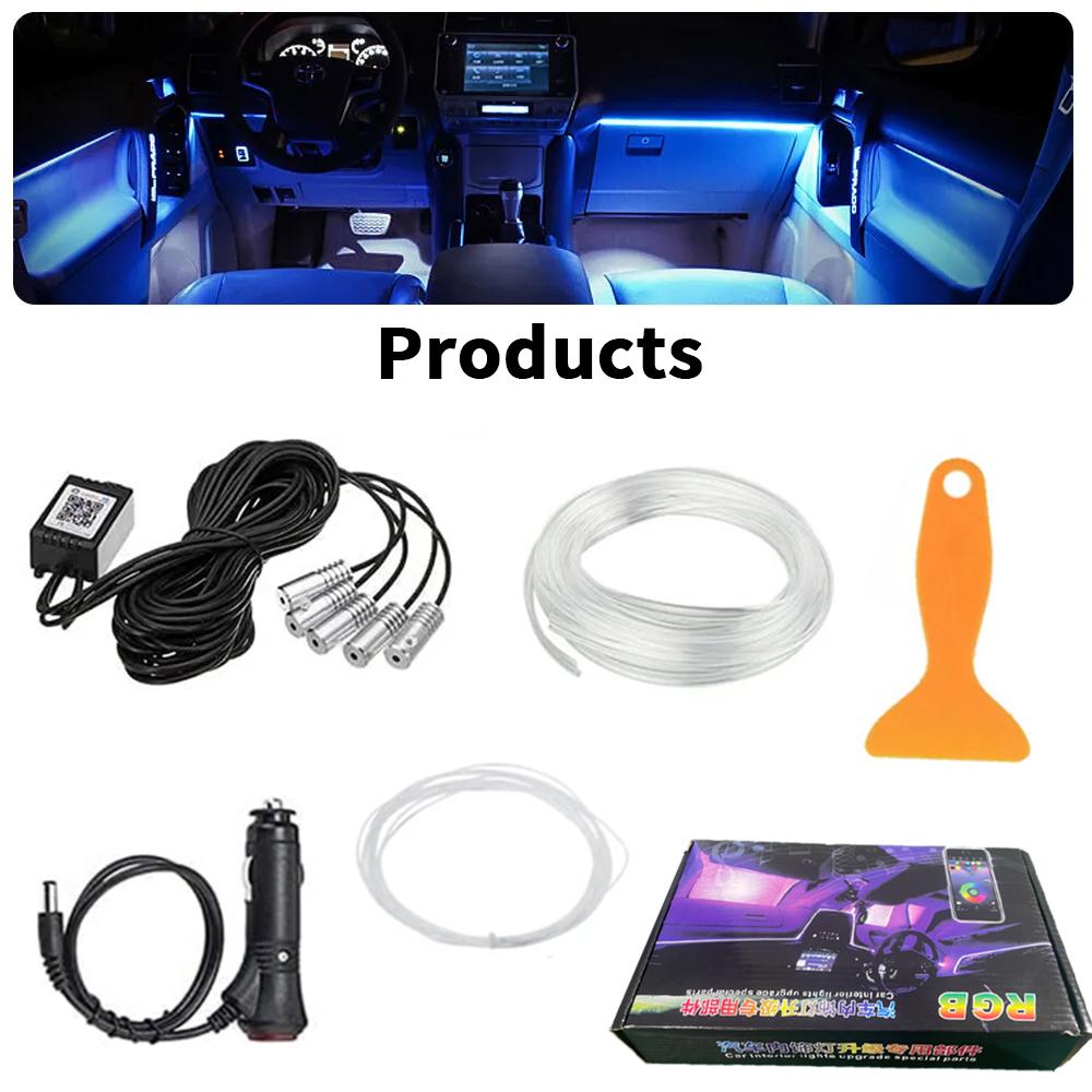 RGB Car Lights Wireless RGB LED Strip Lights Kit with Music Sync 12V Car Plug for Vehicle Interior Decoration Fiber Optic Cable Included,  led light strips