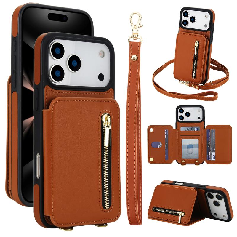 OREKROY Crossbody Wallet Case for iPhone 17 16 15 Pro Max Plus 14 13 12 11 Pro Max PU Leather RFlD Blocking Cash Holder Card Wallet,Flip Stand Protective Cover Crossbody Lanyard Strap Wristband