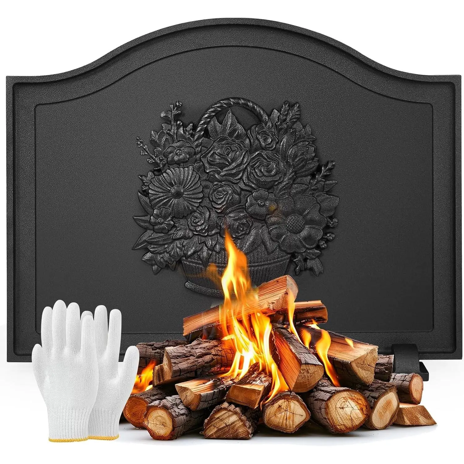 Firebacks for Fireplace,Cast Iron Fireback with Feet,Fireplace Back Plates,Heat Insulation Flower Fireplace Heat Reflector for Wall Protection (20 inch)