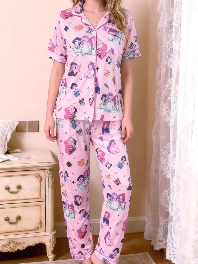 K-Pop Demon Hunter Women's Cartoon Pajama Set, Casual Fitted Two-Piece Sleepwear, Short Sleeve Top & Elastic Waist Pants, Spring & Fall