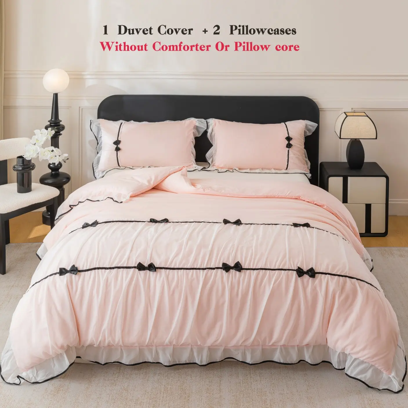 Sweet Cool Girl Style Bow Duvet Cover Set, Mesh Lace Bedding Set, Multiple Sizes, Black Bow Decor, Soft Bedroom Decor, Gift Ready, Comfy Bed Sets