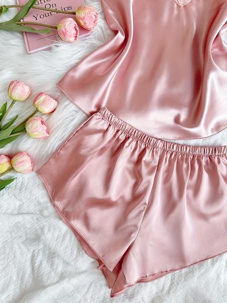 Luxurious Contrast Lace Satin Pajama Set, Elegant Sleep & Leisure Wear, Comfortable Women's Nightwear, Stylish Design