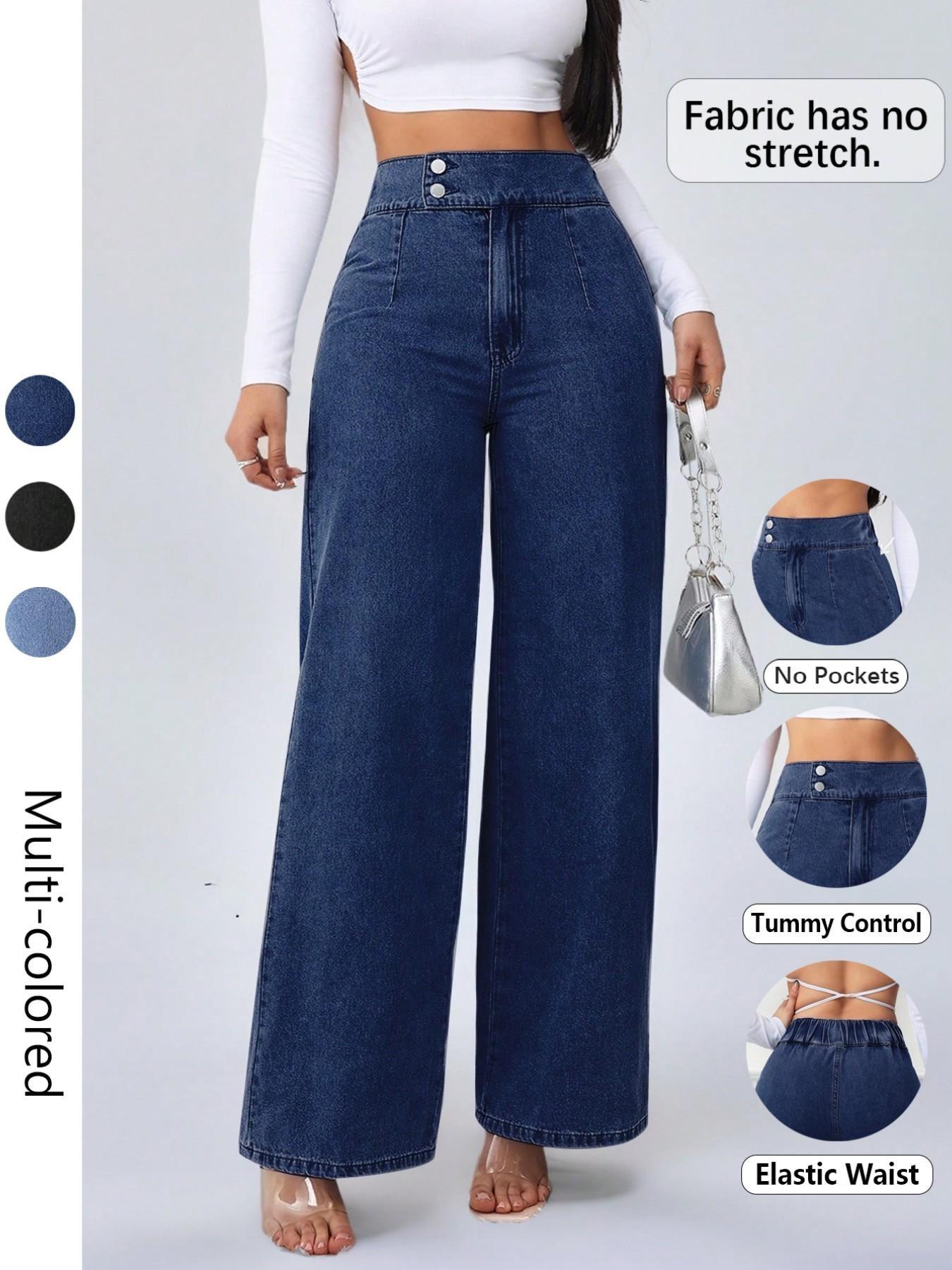 Women's Vintage Elegant High Waist Wide Leg Light Wash Denim Jeans Trouser, Button Front Elastic Waist Loose Fit, Casual Fashion Pants for All Seasons, Womenswear