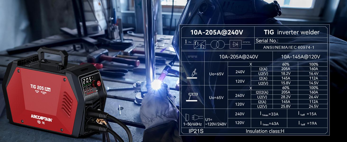ARCCAPTAIN TIG205 Pro DC TIG Spot Cold Welder Heavy Duty Tool Kit Metal Tool  Best DC TIG Machine for Pipe Welding, Industrial-grade level