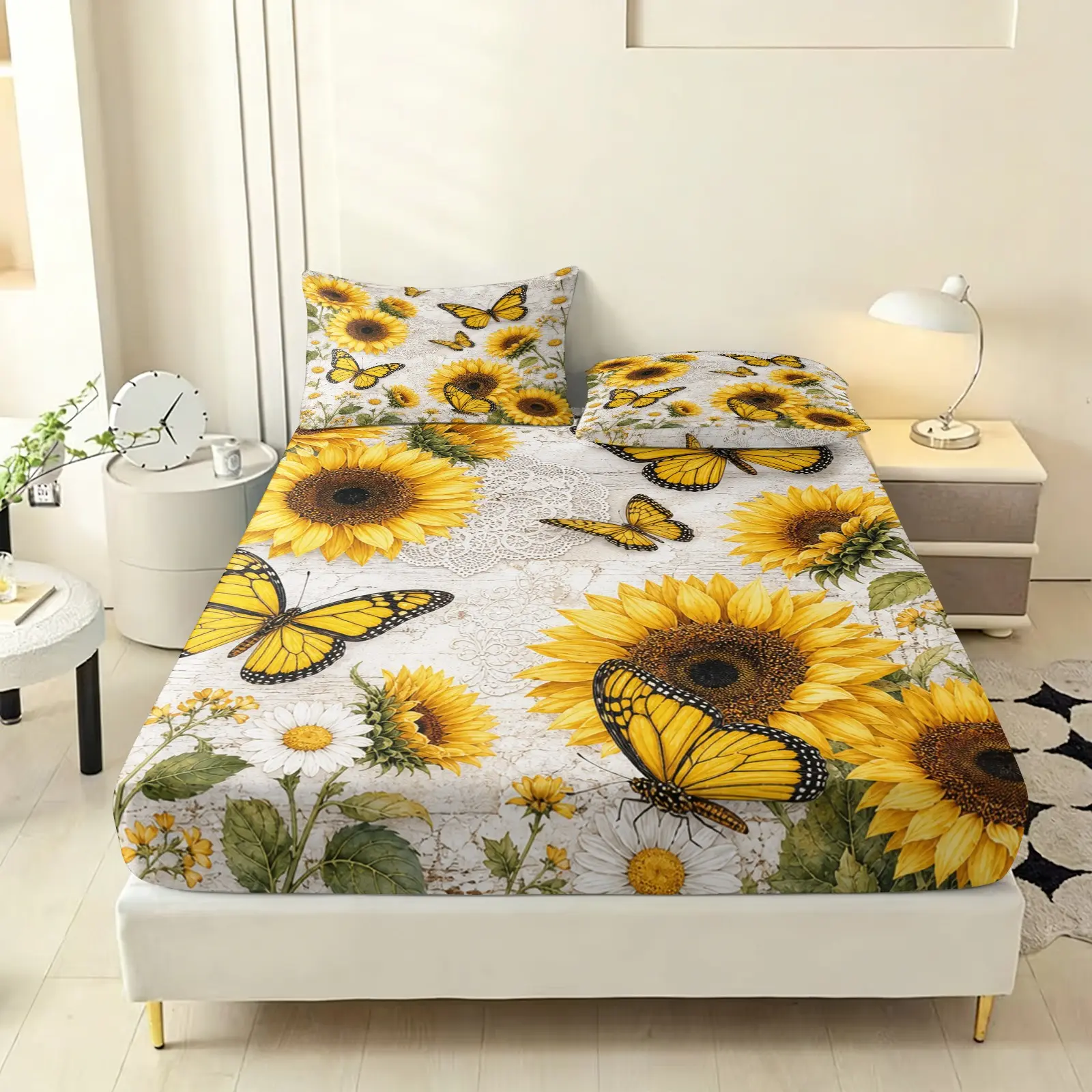 3-piece vintage wooden sunflower butterfly bed cover set, with 25cm deep pockets, including 1 bed cover and 2 pillow covers (without filling material), suitable for single, double, and extra-large double beds. A gift for friends on special occasions.