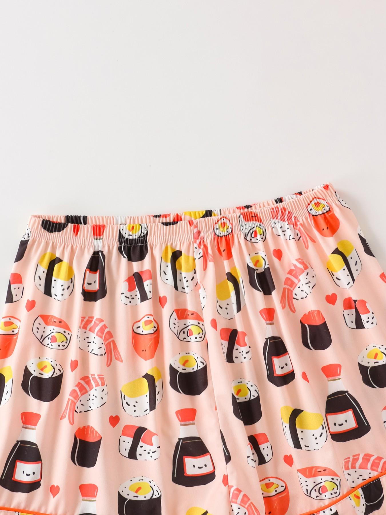 Women's Sushi Full Print Pajama Set, Collared Button Short Sleeve Top and Loose Comfortable Shorts, Fun Sweet Sleepwear Set