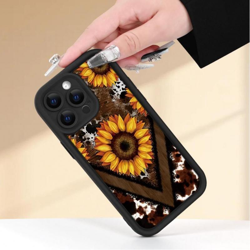 Creative - Western Leopard Print And Sunflower - for Iphone17/ 16/15/14/13/12/11 XS XR X Plus Pro Max - Black TPU Soft Case, Phone Accessories, Accessories Durable Protection