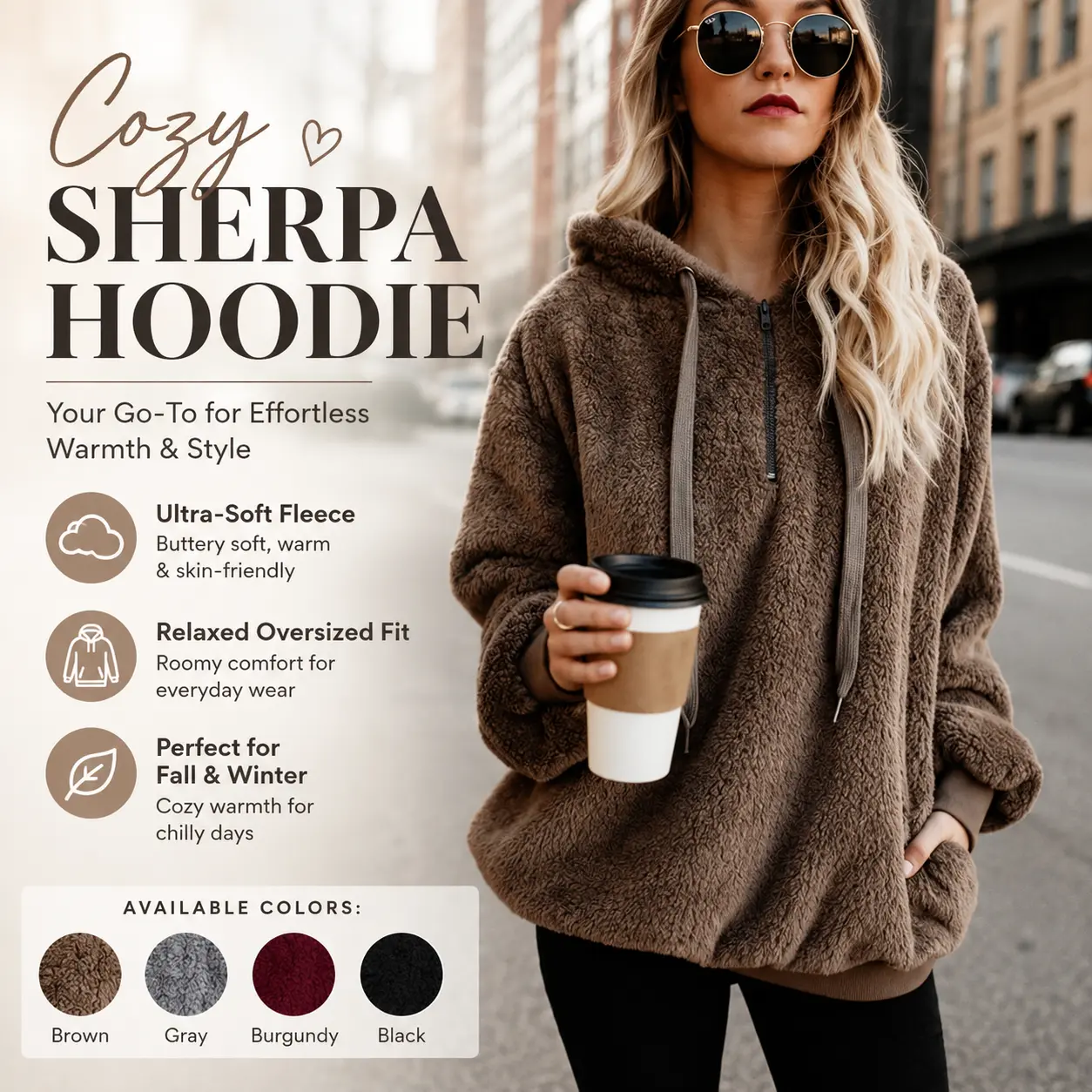 Women’s Oversized Sherpa Hoodie, Quarter Zip Plush Teddy Fleece Pullover Sweatshirt, Cozy Warm Fuzzy Hooded Top with Kangaroo Pocket, Long Sleeve Casual Streetwear Lounge Wear for Fall Winter, Soft Fluffy Jacket, Brown Gray Burgundy Black, S-5XL