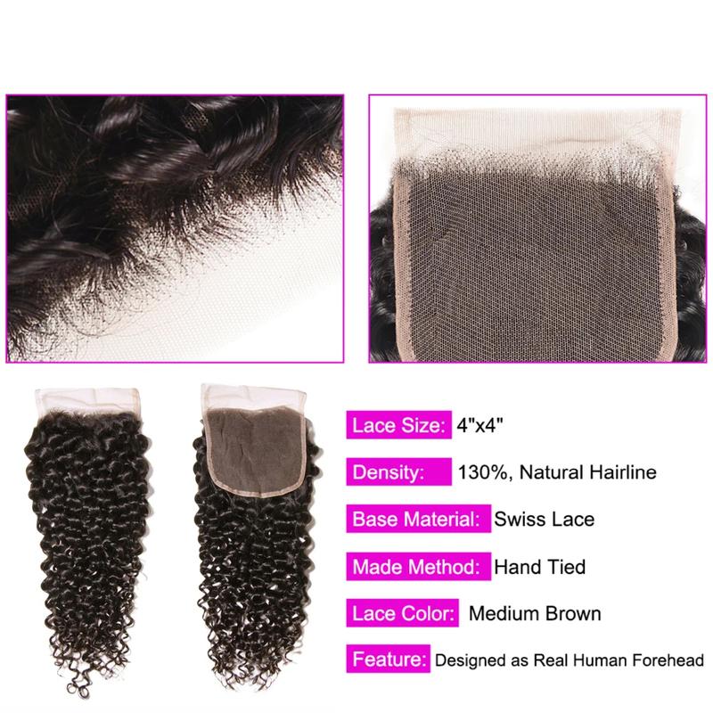 Kinky Curly Hair Bundles With Closure Virgin Human Hair Weave Bundles 10-28 Inches Natural Color Remy Hair Weave Extensions 100g/pc