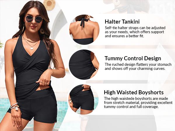 Yonique Women Tankini Swimsuit with Shorts - Halter Two Piece Swimsuit with Pocket Tummy Control Bathing Suit Swimwear