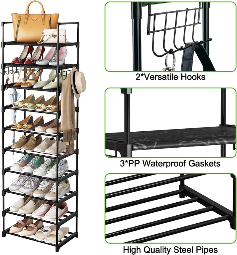 Waterproof 10-Tier Metal Shoe Rack Set, Tall Organizer for 20-24 Shoes and Boots, with Hooks for Closet, Entryway, or Bedroom (Black).