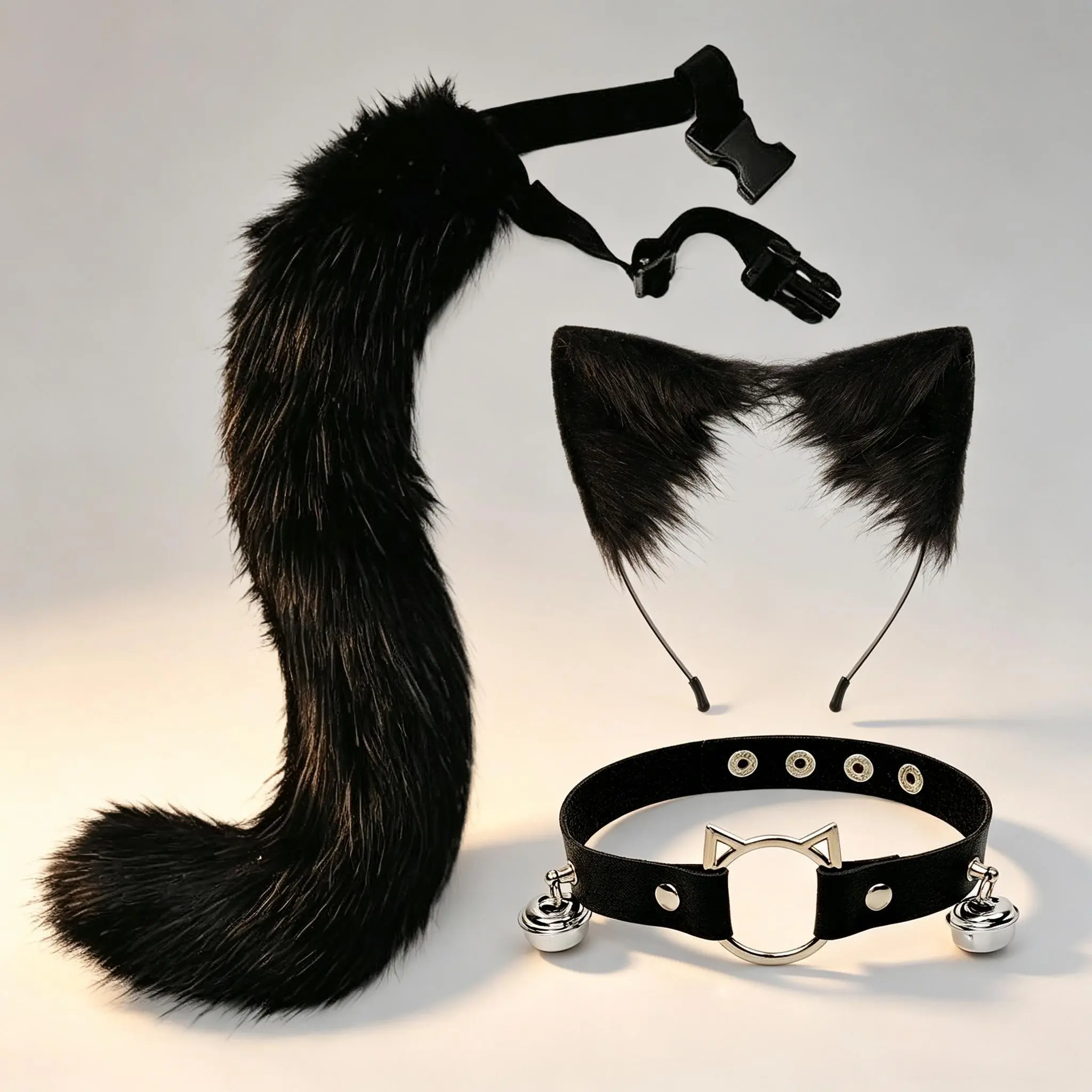 Cat Ears and Wolf Fox Animal Tail Cosplay Costume Faux Fur Hair Clip Headdress Halloween Leather Neck Chocker Set,It also makes a great gift for friends.