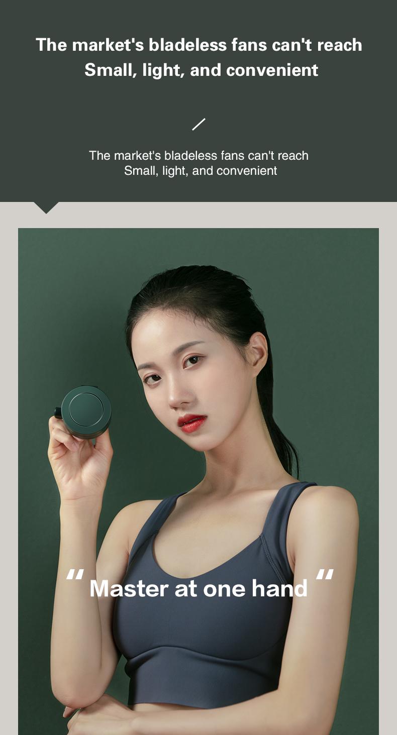 Mini Wearable Waist Fan – 360° Rotating Bladeless Airflow, USB or Battery Operated, Hands-Free Cooling for Hiking, Farming, and Camping