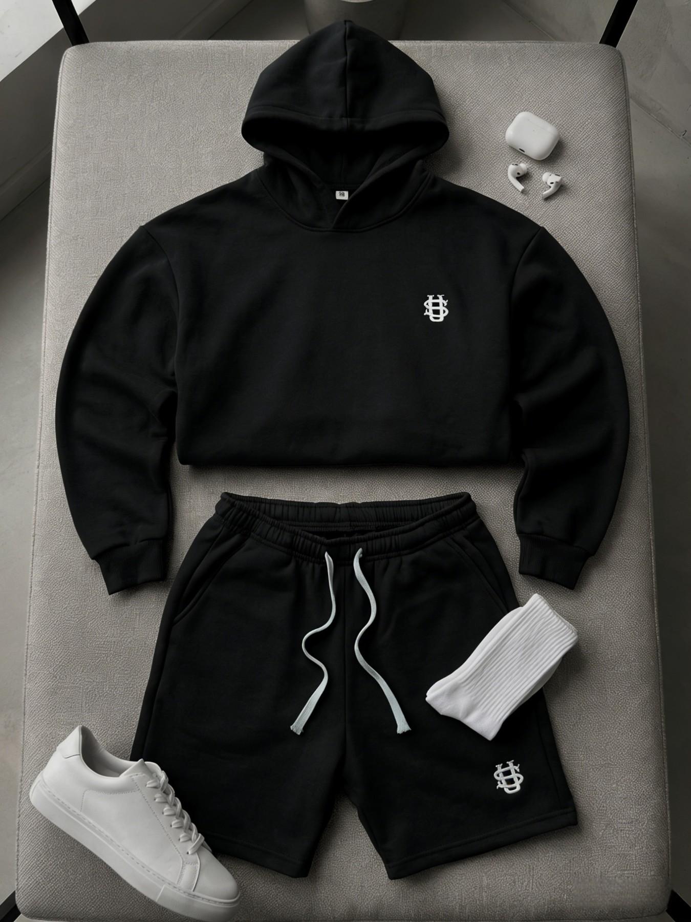 Men's High Street Long Sleeve Hoodie Set with Drawstring Shorts, Casual Lazy Style Two-Piece, Comfortable and Stylish Clothing Outfit Sets