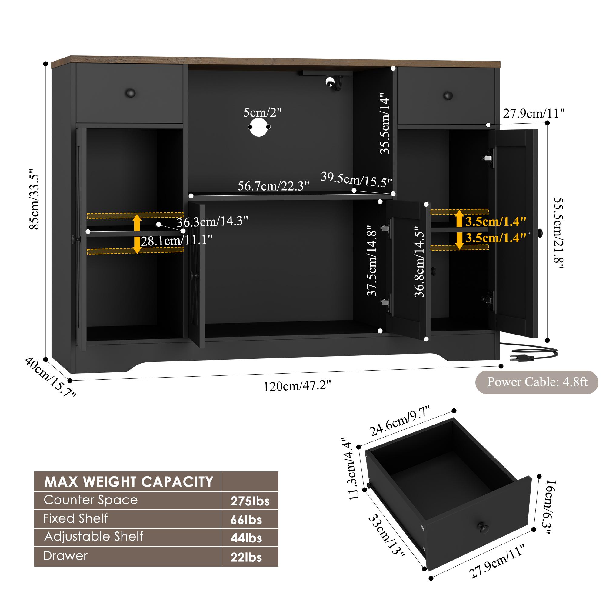 HOSTACK Microwave Cabinet with Charging Station, 47" W Kitchen Storage Cabinet with Microwave Stand, Modern Farmhouse Buffet Sideboard with Drawers and Shelves for Kitchen, Dining Room