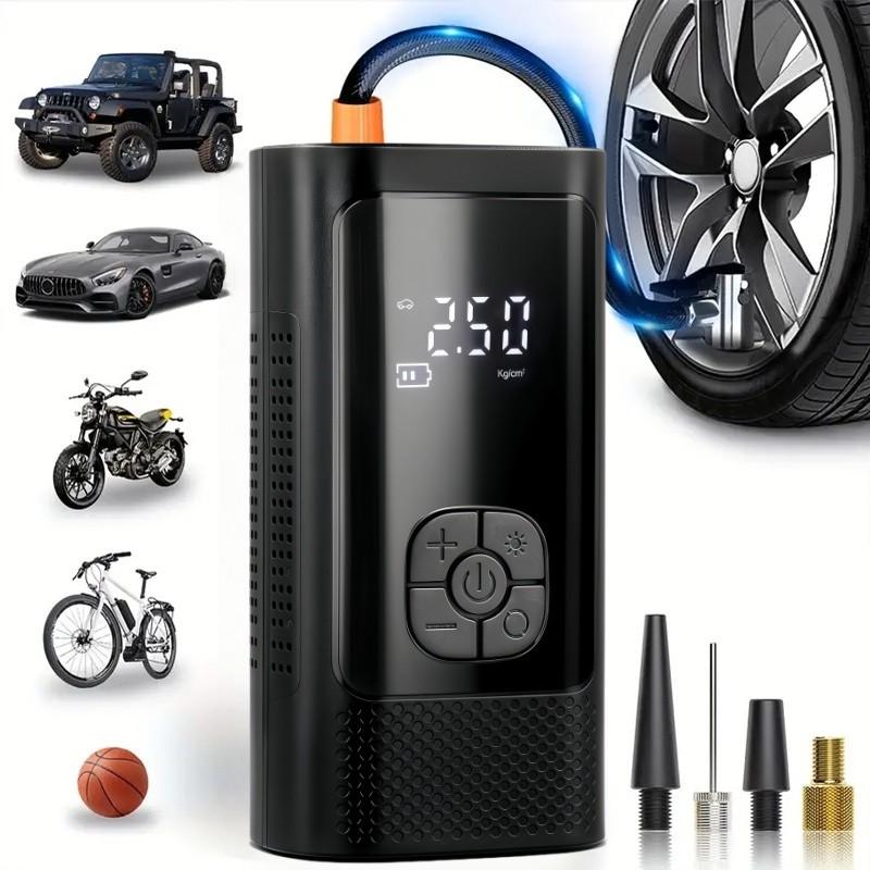 Portable wireless inflation pump, multi-function air compressor, 4500 mAh battery and camping lamp, fast inflation and mini design, suitable for inflating/deflating mattresses, pool pumps, vacuum storage bags, black, Camping accessories