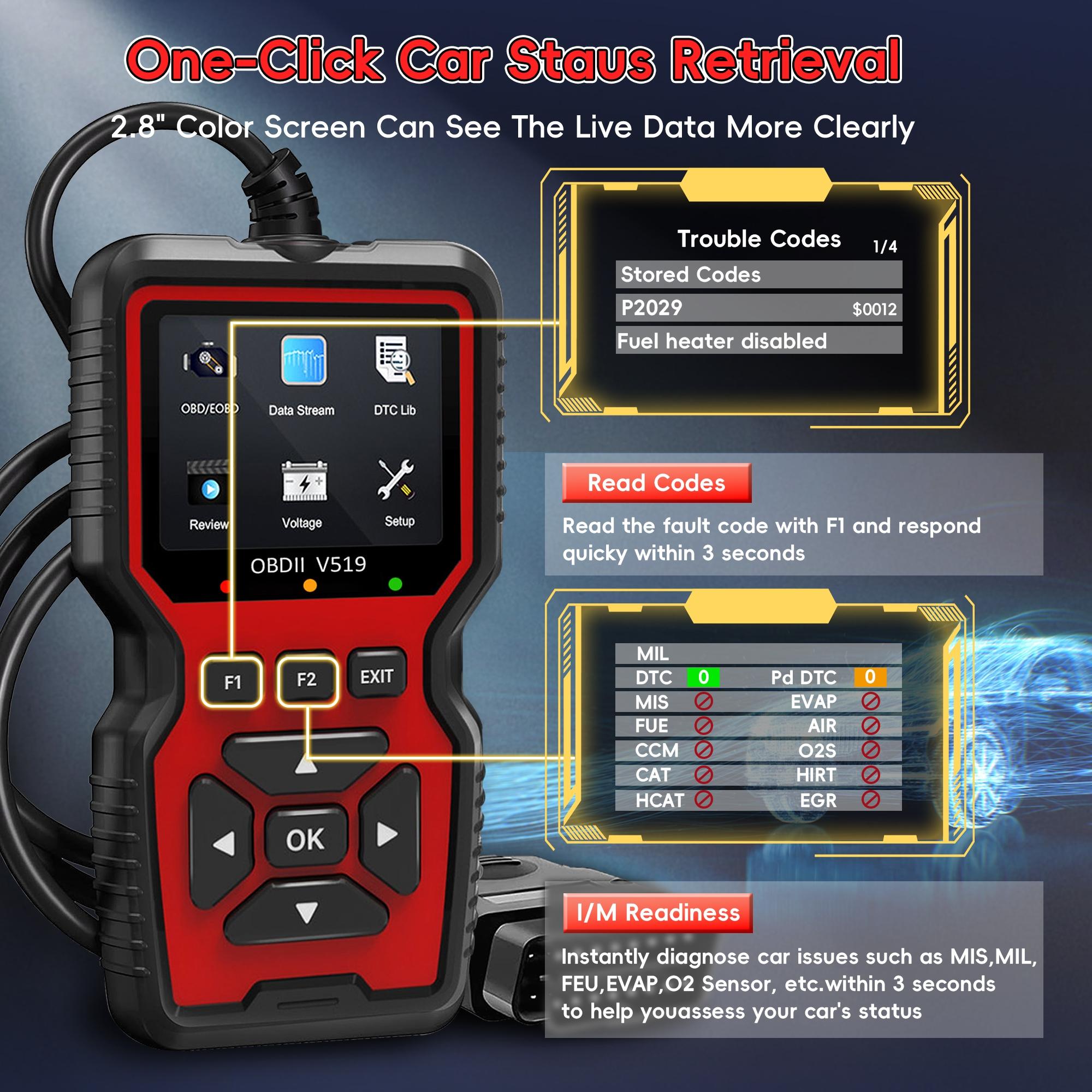 Enhanced Obd2 Scanner Code Reader, Car Engine Check Tool, Automotive Diagnostic Scanner, Reads and Erases Fault Codes, Fits All Obd Ii Cars Since 1996, No Battery Needed