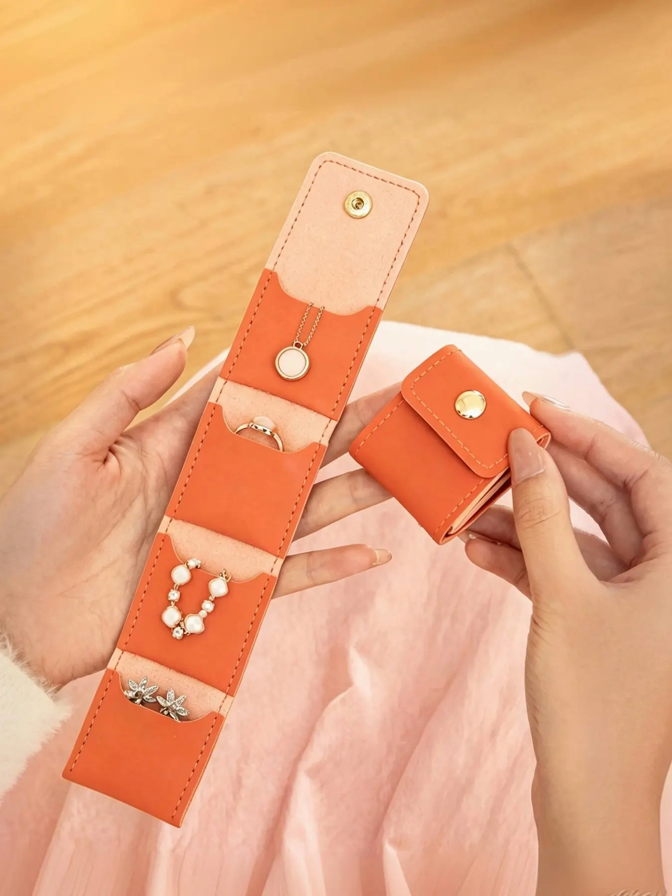 Mini Portable Travel Jewelry Case, Solid Color PU Leather Multi Pocket Jewelry Storage Bag, Snap Closure Small Organizer for Rings Earrings Necklaces Bracelets, Travel Essential Accessories Pouch