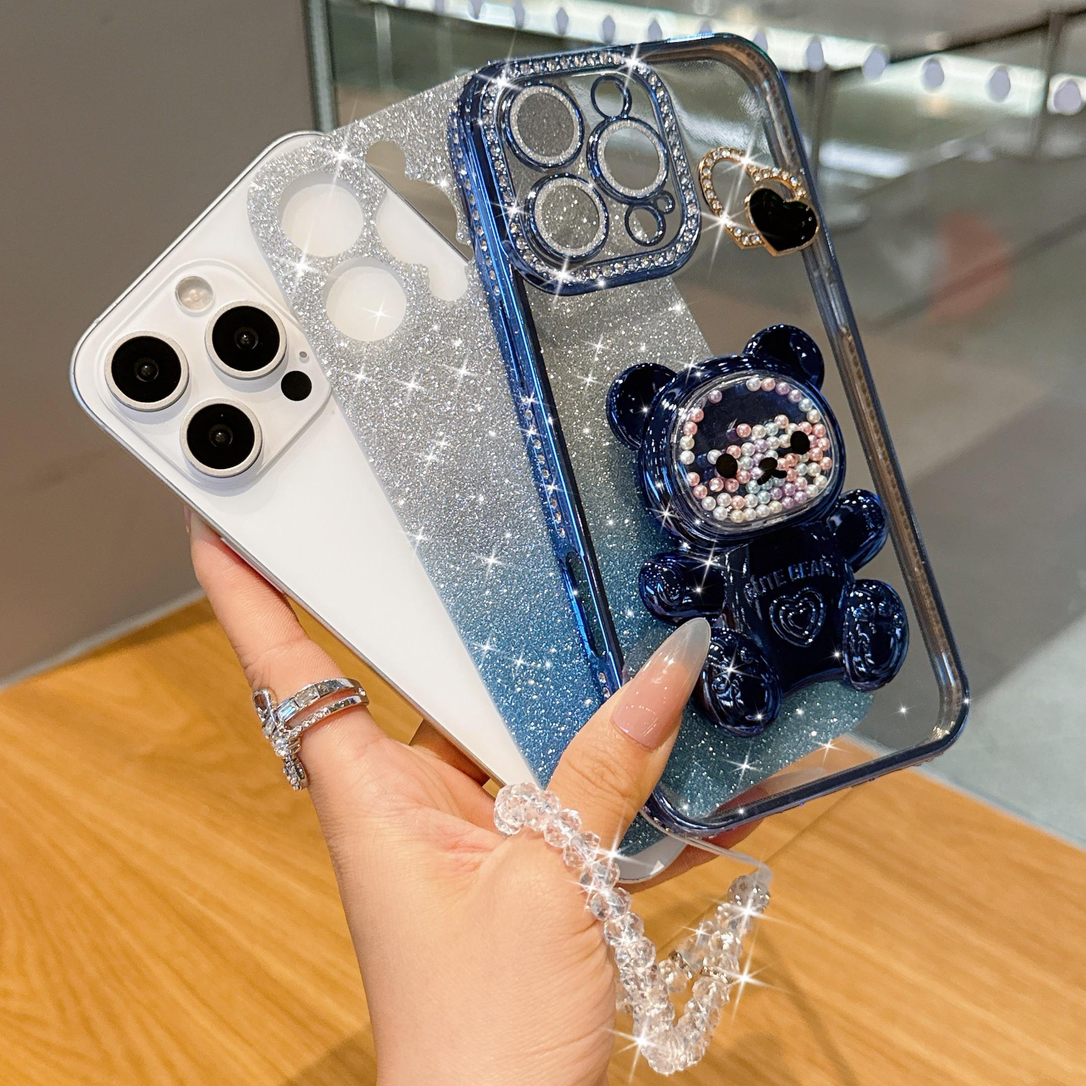 Luxury Blue Bear Stand Phone Case, Gradient Sand Anti-Drop Protection, Crystal Lanyard, Fits iPhone 17pro Max 16pro 15 14 13 12 11
