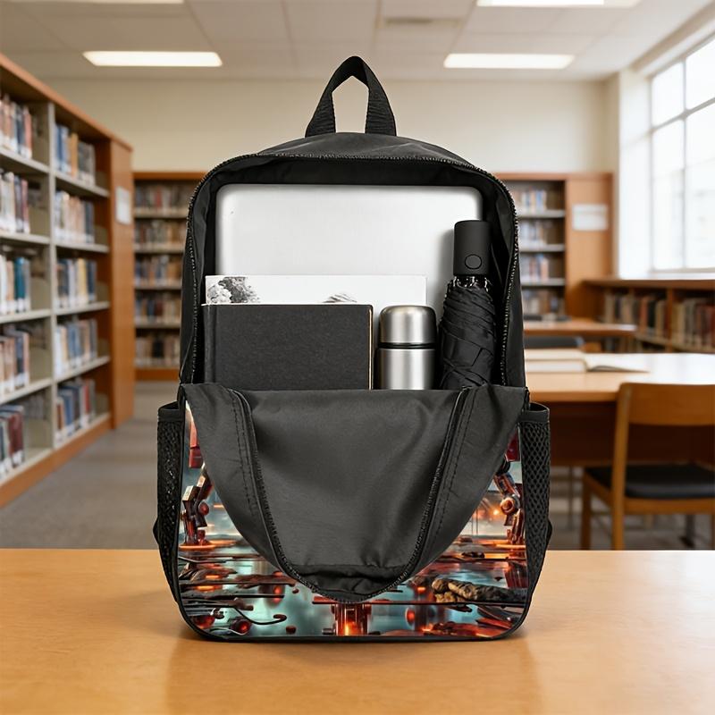 Sci-fi mecha-themed backpacks, handbags, and pencil cases featuring a design of a red heavy mech set against a ruined battlefield backdrop; the high-definition prints are durable and fade-resistant. Features include adjustable shoulder straps and a high-c