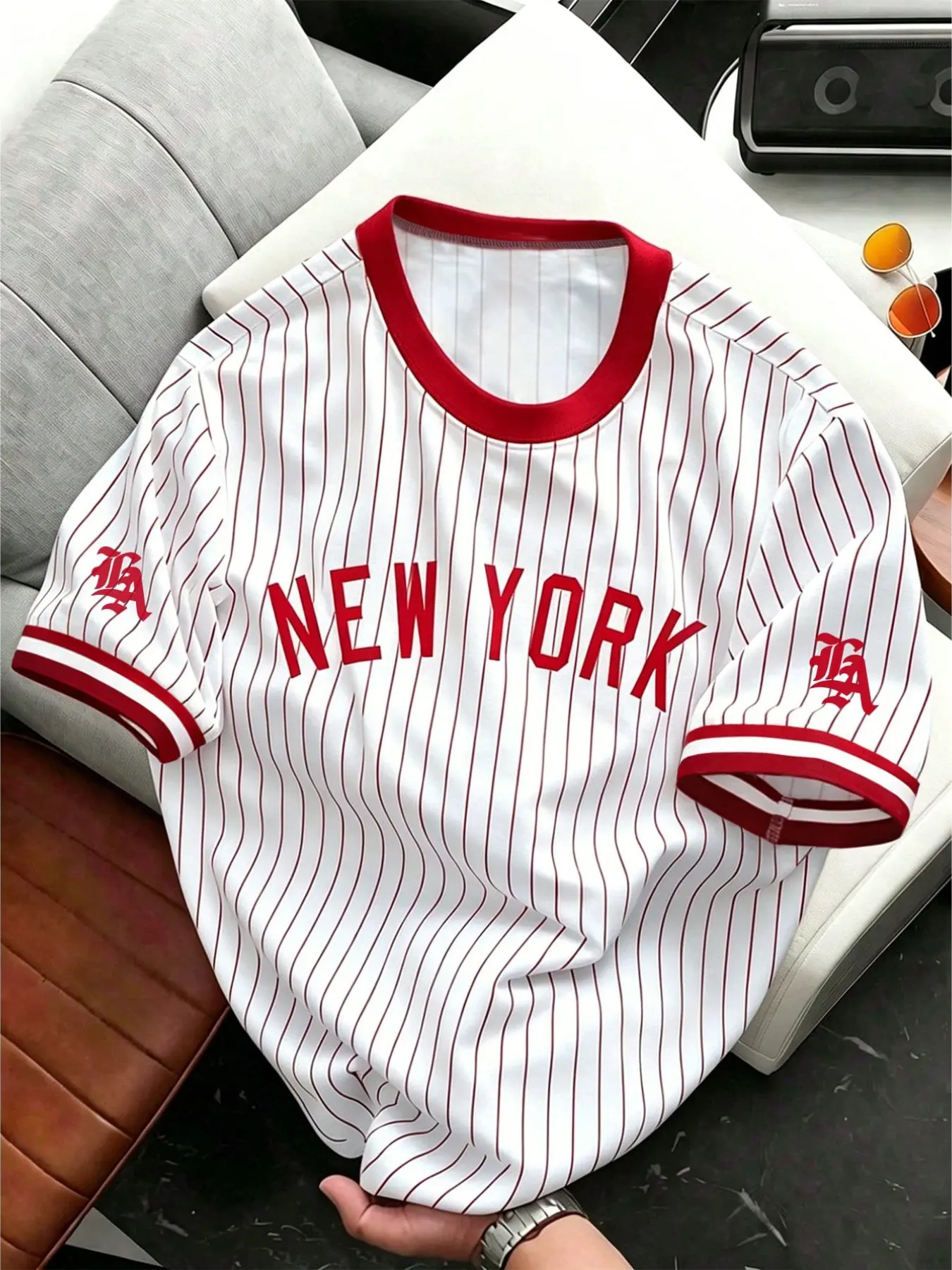 Men's Vintage Baseball Style Striped T-Shirt, Newyork Print, Loose-Fit Casual Streetwear Fashion Short Sleeve Top, Menswear, Ideal for Daily Wear